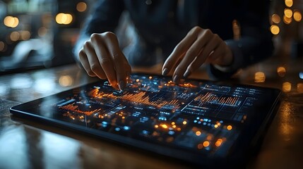 Fingers interact with a glowing digital tablet displaying complex data charts and analytics symbolizing modern technology and business insights