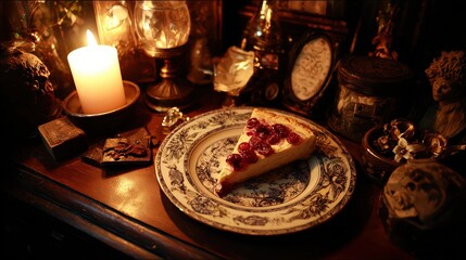 Naklejka premium A slice of cheesecake topped with cherries rests on an ornate plate, surrounded by vintage decor, candles, and trinkets, This cozy setting is perfect for culinary blogs, dessert recipes