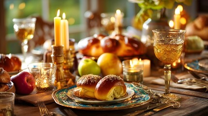 Obraz premium Elegant dinner setting with fresh fruits, pastries, and warm candles creating a cozy atmosphere during a festive gathering