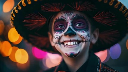 Boy adorned in vibrant Day of the Dead attire poses with intricate face paint surrounded by lights and decorations.