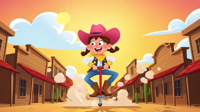 Happy cowgirl kid pogo stick jumping western town