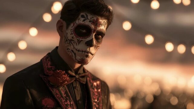 A man in a formal suit sports colorful calavera makeup, ready for a D&iacute;a de Muertos celebration at sunset.