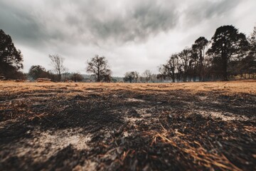 A scorched landscape under a moody sky