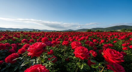 Fototapeta premium Red Rose Field Under Blue Sky.