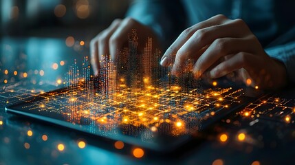 Hands interact with a futuristic digital tablet displaying glowing orange and blue data visualizations