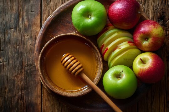 Freshly sliced apples served with honey on a rustic wooden table
