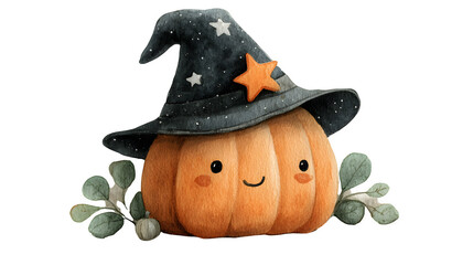 Watercolor cute Halloween pumpkin wearing witch hat with party elements, isolated on white background