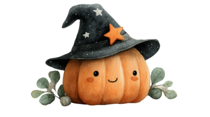Watercolor cute Halloween pumpkin wearing witch hat with party elements, isolated on white background