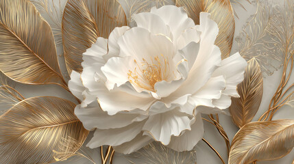 Beautiful spring 3D white flower with golden leavs on decorative background as wallpaper illustration, Elegant White Gold Flower	