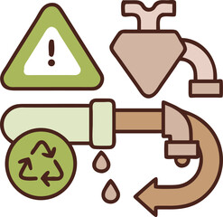 Modern gradient line art icon of leaking pipe with drops, plumber character inside bathroom outline, toolbox with recycle logo, warning sign blended in background.