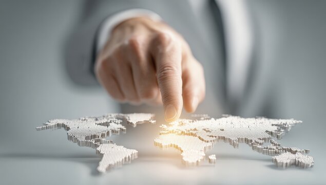 A hand pointing at a 3D world map