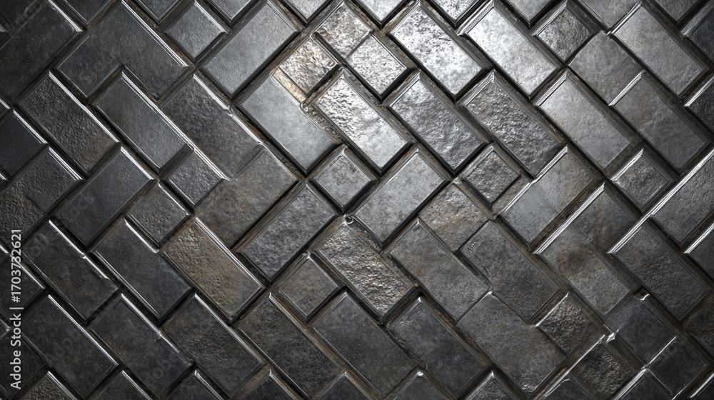 Poster dark gray metallic tiles in a herringbone pattern a textured background