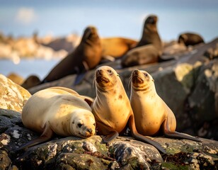 Three Playful Seals Rocks Others