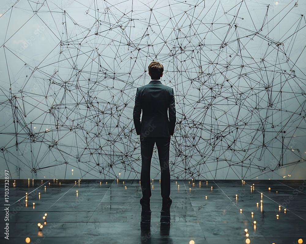 Poster a man in a suit contemplates a vast complex network of connections and data points