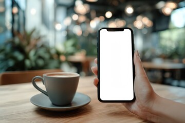 Smartphone held at cafe table with coffee