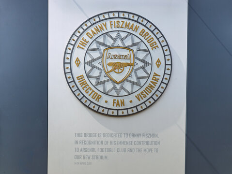 Danny Fiszman Bridge Plaque with Arsenal Crest at Emirates Stadium. London, UK, 18 August 2024