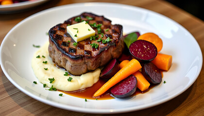 Grilled Steak with Butter on Mashed Potatoes and Glazed Vegetables