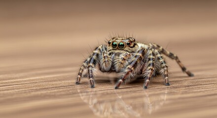 Obraz premium Close-up of a jumping spider with striped legs and bright eyes on wooden surface