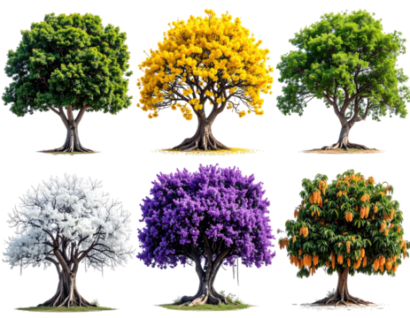 Six trees in various vibrant colors, showcasing the changing seasons.  Each tree has a full, detailed canopy and visible roots
