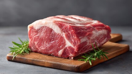 Fototapeta premium Fresh Raw Pork Shoulder Cut on Wooden Board with Green Herbs Garnish for Culinary and Cooking Inspiration in Kitchen Environment