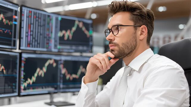 Business Insights from a Man Analyzing Stock Data in a Modern Office Environment