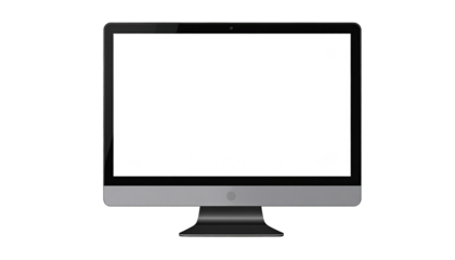 Flat-screen computer monitor, blank white display, dark gray frame and base