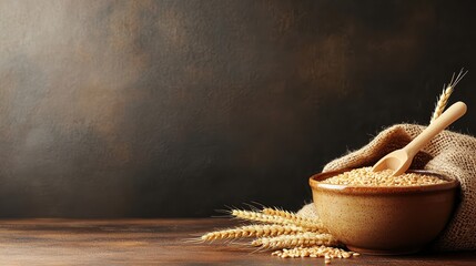 A rustic bowl filled with grains, accompanied by wheat stalks, sits on a wooden surface, This image is ideal for topics related to nutrition, agriculture, or cooking,