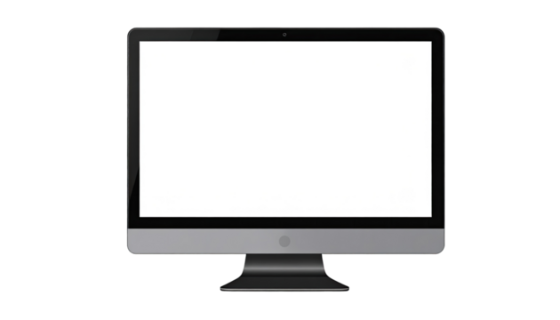 Flat-screen computer monitor, blank white display, dark gray frame and base