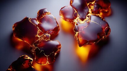 A close-up of translucent amber-like blobs with intricate textures and warm lighting, ideal for use in designs related to nature, art, or luxury products, Perfect for backgrounds and organic themes,
