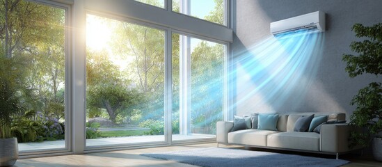 Fototapeta premium Modern living room with AC unit and a view