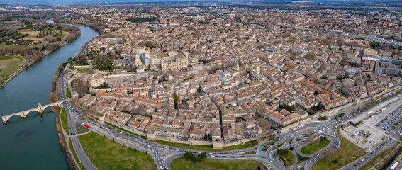 An aerial panoramic view around the old town of the city Avignon in France on a sunny day in early spring