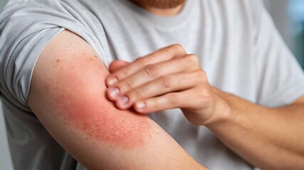 Eczema atopic dermatitis itchy rash red skin irritation on arm man adult allergy elbow care gentle touch soothes irritated red rash