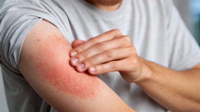 Eczema atopic dermatitis itchy rash red skin irritation on arm man adult allergy elbow care gentle touch soothes irritated red rash