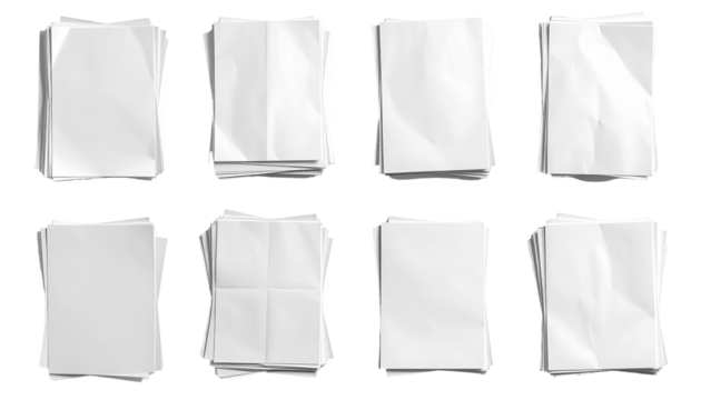 Nine stacks of blank, crumpled white paper