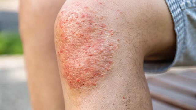 Atopic dermatitis knee flare eczema skin rash red inflamed dry itchy scaly patch irritated leg inflamed skin outdoors closeup detail conveying