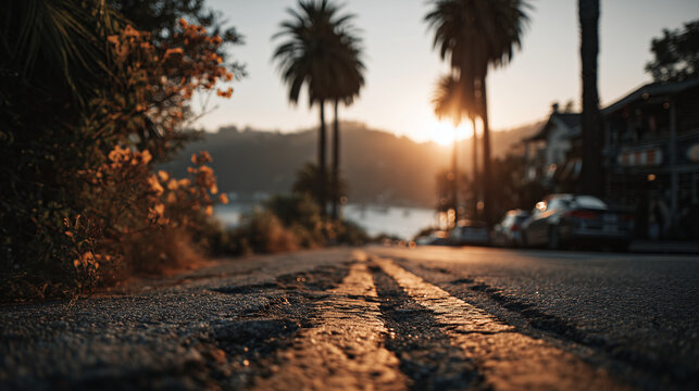 Low angle view of a quiet street lined with palm trees at golden hour. Warm sunset lighting and peaceful suburban scene