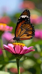 Obraz premium A monarch butterfly rests on a vibrant pink zinnia