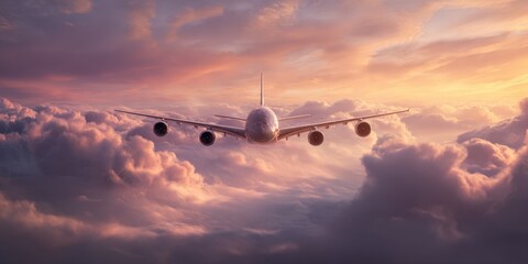 Airplane soaring through sunset clouds