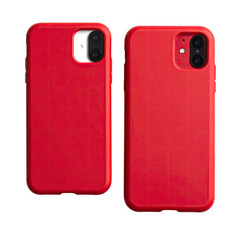Two red phone cases, side-by-side.  Each case shows a  red textured, matte finish with a cutout for a smartphone camera
