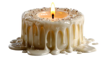 White melting candle with soft dripping wax effect, isolated on white background