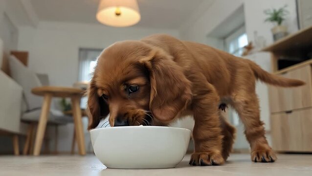 Endearing Young Dog Consuming Its Meal from Food Dish Handsome Brown Labrador Retriever Eating in Home Living Area