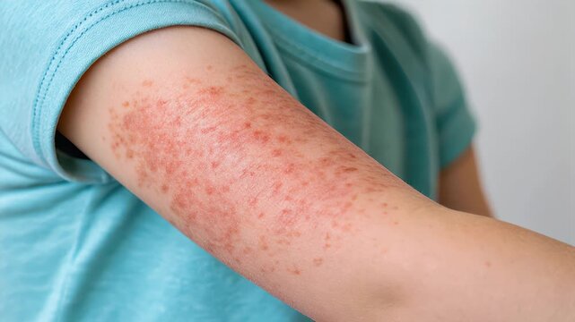 Child arm rash eczema atopic dermatitis skin irritation, red inflamed itchy allergy, gentle closeup shows dry flaky tender patches and redness