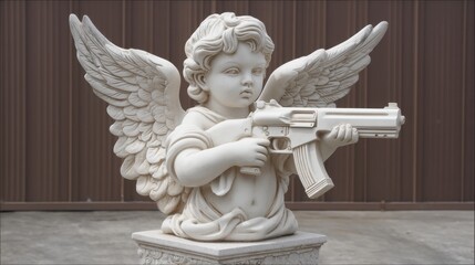 Fototapeta premium Marble Cherub Statue Holding Gun Sculpture Symbolizing Duality of Innocence and Violence in Contemporary Art
