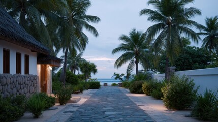 Fototapeta premium Serene Entrance to a Luxury Beach Hotel at Twilight Surrounded by Lush Palm Trees