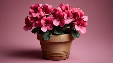 A vibrant bouquet of pink flowers in a terracotta pot, set against a soft pink background, This image is perfect for floral-themed projects, greeting cards, or decor advertisements,