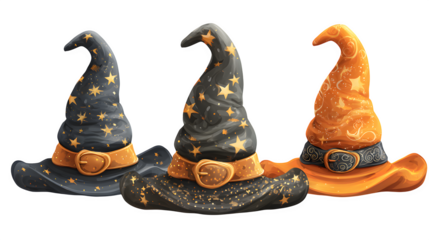 Witch hat illustration in black, orange, and magic theme variations, isolated on white background