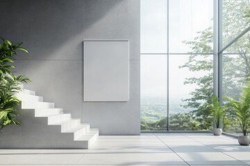 Modern interior with stairs and large windows