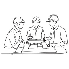 One continuous line Art drawing of young architects discussing construction design blueprint at office meeting. with white background