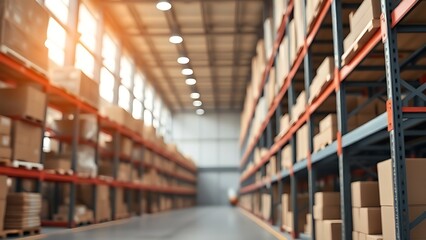 Fototapeta premium Industrial warehouse interior with focused shelves, highlighting professional storage solutions.
