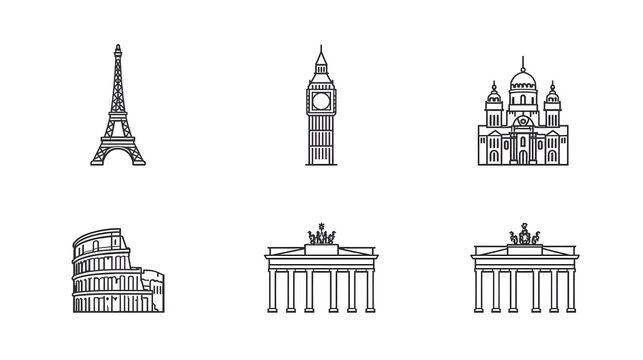 Famous World Landmarks Line Icon Set &ndash; Outline Vector Illustration
A clean black and white outline vector set of world-famous architectural landmarks. Includes minimal line art of iconic buildings 
